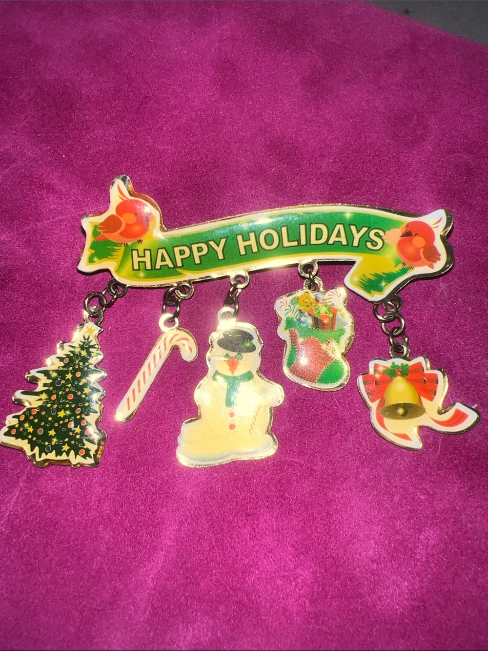 Vintage / whimsical Happy Holidays Green and Red Charm Brooch